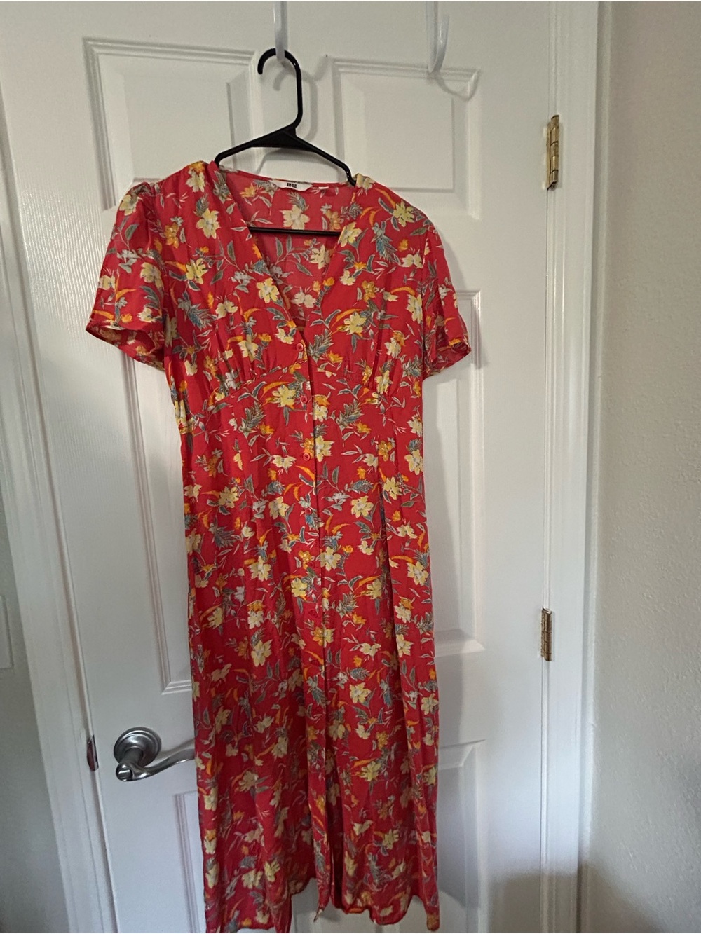 Uniqlo Red Floral Midi Dress with Yellow Accents